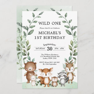 Modern Woodland Animals Wild One 1st Birthday Invitation