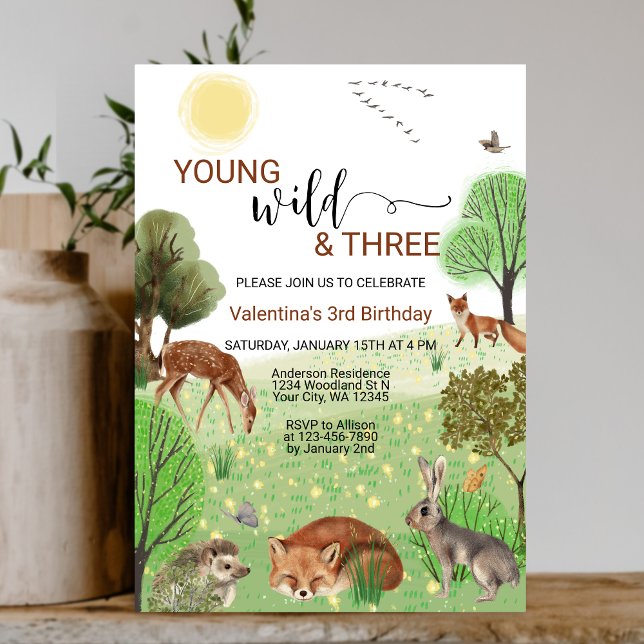 Modern Woodland Animals Wild & Three 3rd Birthday Invitation (Creator Uploaded)