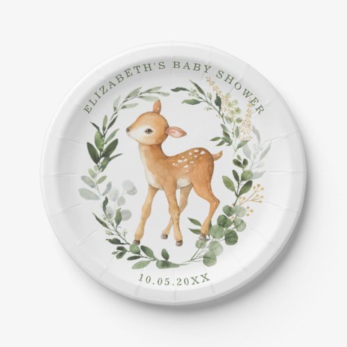 Modern Woodland Baby Deer Watercolor Greenery Gold Paper Plates