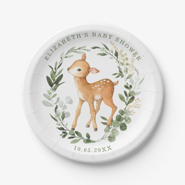 Modern Woodland Baby Deer Watercolor Greenery Gold Paper Plates (Front)