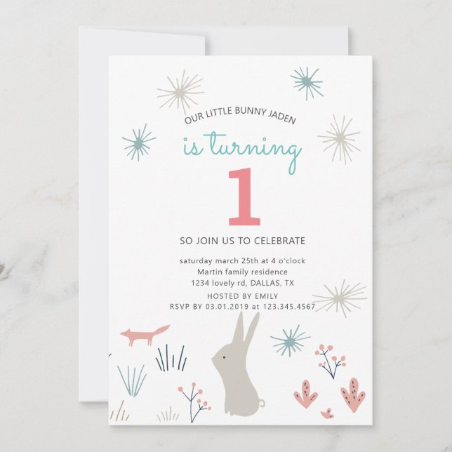 modern woodland baby first birthday Invitation (Front)
