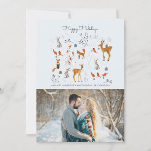 Modern woodland blue & gray animals & birds holiday card