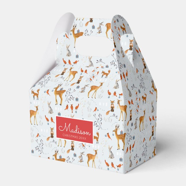 Modern Woodland Blue & Red Animals Deer Christmas Favor Boxes (Front Side)