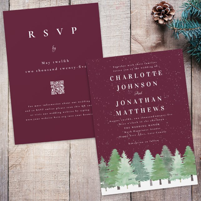 Modern Woodland Burgundy QR Code Winter Wedding Invitation (Modern Woodland snow forest burgundy and white winter wedding qr code invitation)