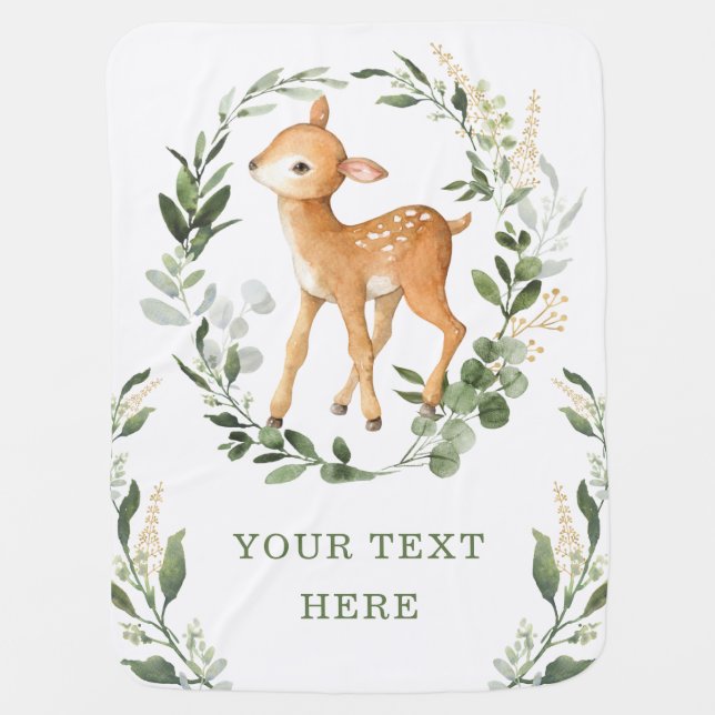 Modern Woodland Deer Greenery Gold Neutral Nursery Baby Blanket (Front)