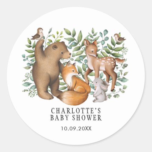 Modern Woodland Forest Animals Baby Shower Favors Classic Round Sticker