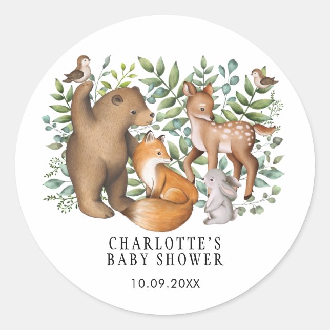 Modern Woodland Forest Animals Baby Shower Favors Classic Round Sticker (Front)