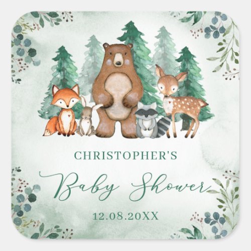 Modern woodland forest animals baby shower square sticker