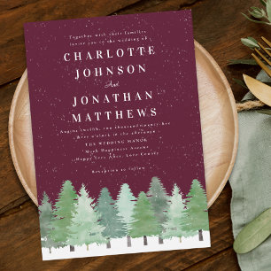 Modern Woodland Forest Burgundy Winter Wedding Invitation