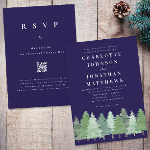 Modern Woodland Forest Navy Blue QR Code Wedding Invitation