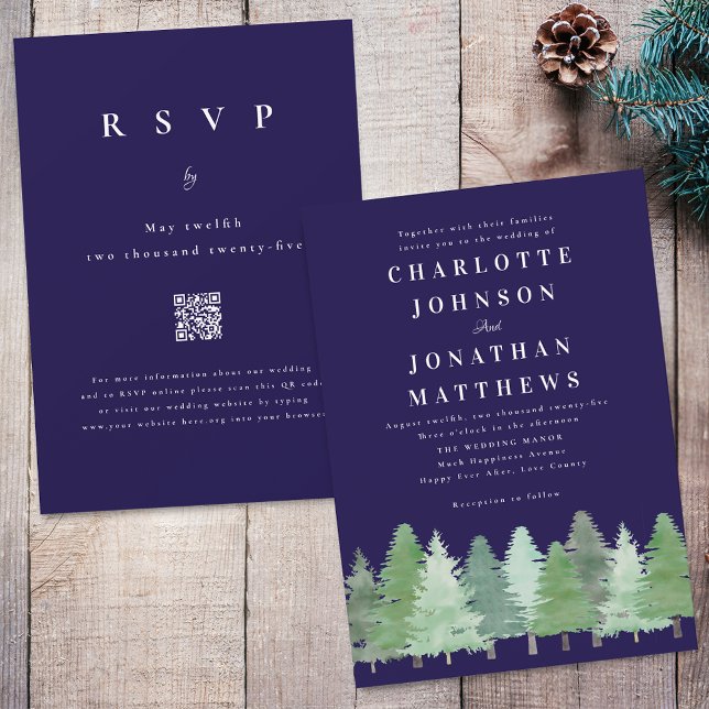 Modern Woodland Forest Navy Blue QR Code Wedding Invitation (Modern Woodland forest navy blue and white wedding qr code invitation Watercolor evergreen trees)