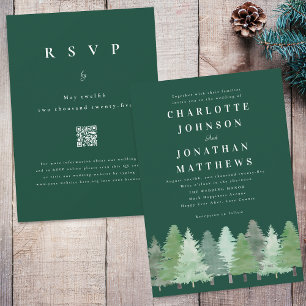 Modern Woodland Forest QR Code Green Wedding Invitation