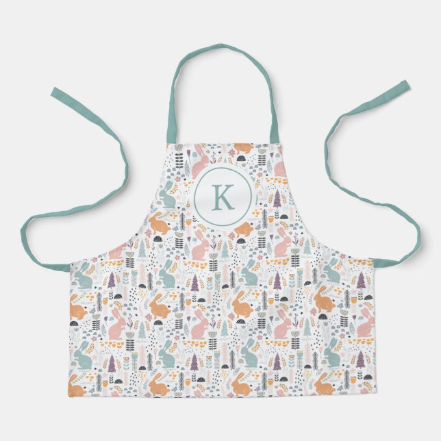 Modern Woodland Forest Rabbits Pattern Apron (Front)