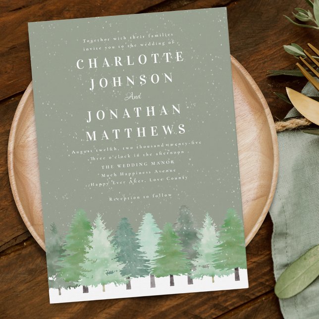 Modern Woodland Forest Sage Green Winter Wedding Invitation (Modern Woodland forest sage green winter wedding invitation Watercolor evergreen trees snow scene)