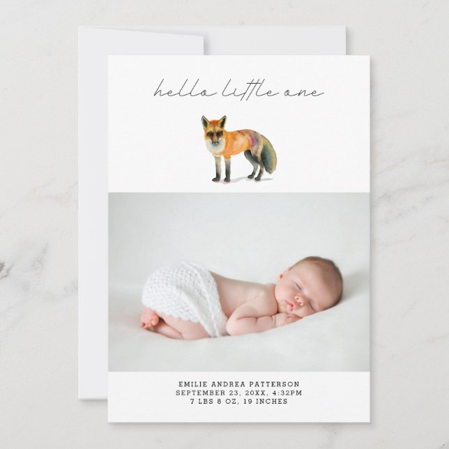 Modern Woodland Fox Birth Announcement Photo Card (Front)