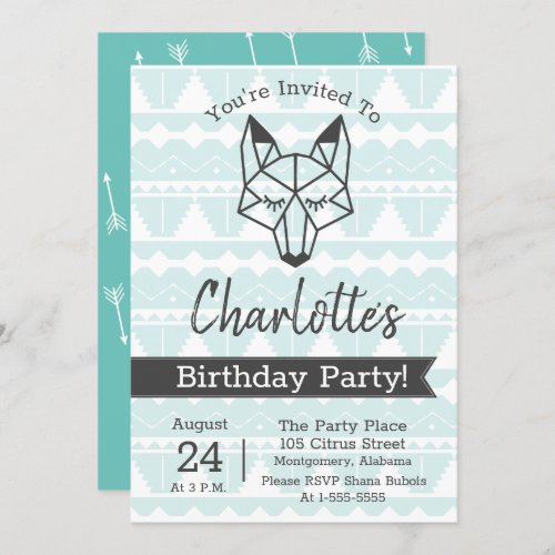 Modern Woodland Geometric Fox Birthday  Teal Invitation