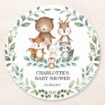 Modern Woodland Greenery Animal Baby Shower Decor Round Paper Coaster<br><div class="desc">This whimsical design features elegant watercolor greenery wreath and adorable woodland animals</div>