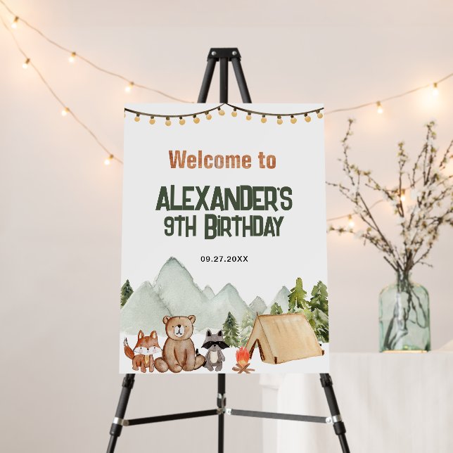 Modern Woodland Happy Camper Camping Kids Birthday Foam Board (In Situ (Stand))