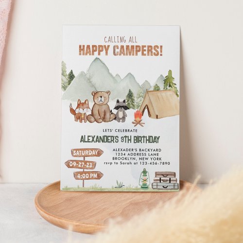 Modern Woodland Happy Camper Camping Kids Birthday Invitation