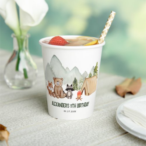 Modern Woodland Happy Camper Camping Kids Birthday Paper Cups
