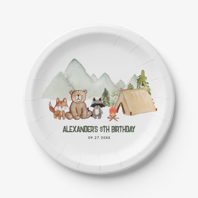 Modern Woodland Happy Camper Camping Kids Birthday Paper Plates (Front)