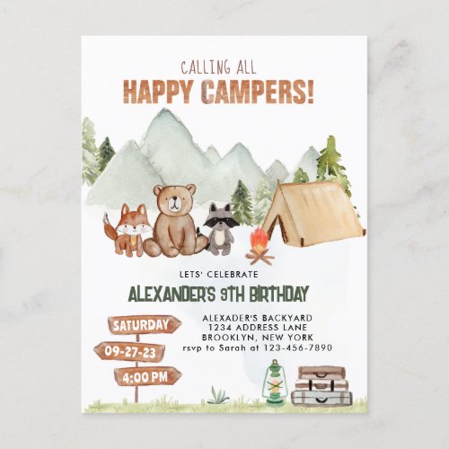 Modern Woodland Happy Camper Camping Kids Birthday Postcard