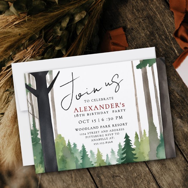 Modern Woodland Outdoor Adventure Bday Watercolor Invitation (Creator Uploaded)
