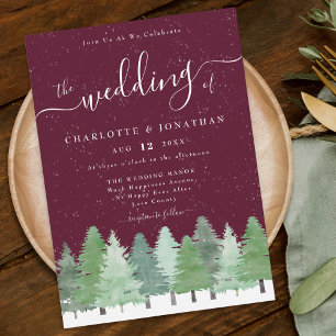Modern Woodland Rustic Burgundy Winter Wedding Invitation