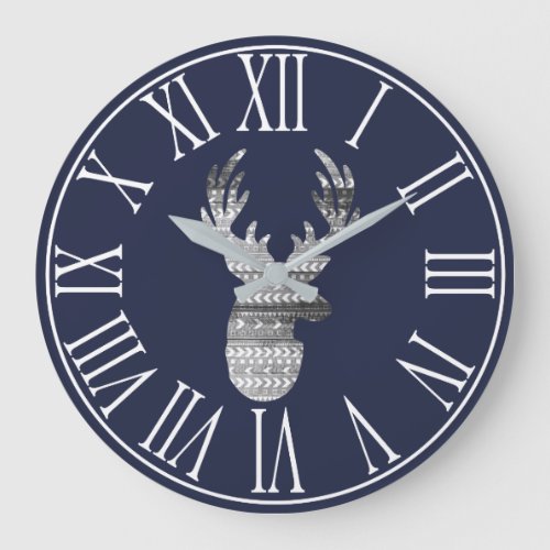 Modern Woodland Rustic Gray Deer  Navy Blue Large Clock