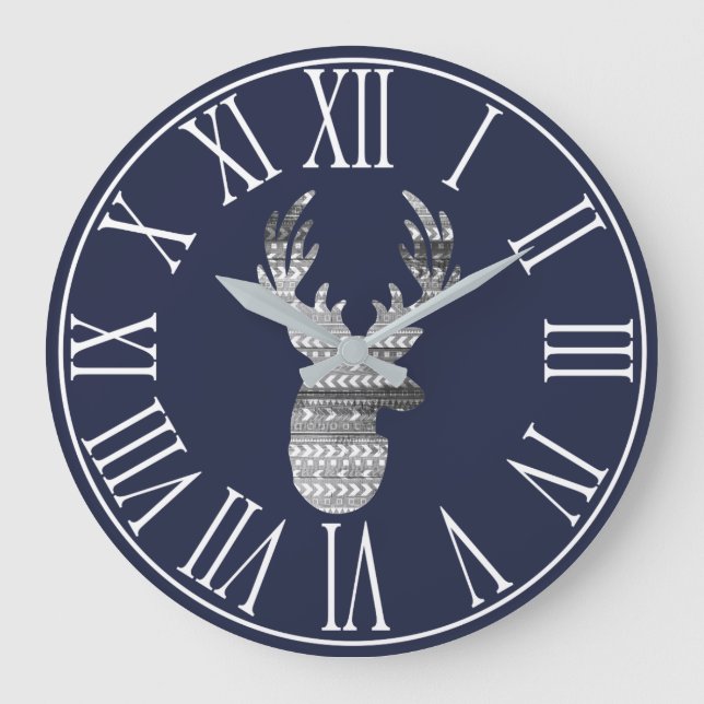 Modern Woodland Rustic Gray Deer & Navy Blue Large Clock (Front)