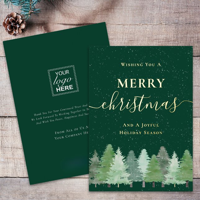 Modern Woodland Snow Your Company Logo Green Gold Foil Holiday Card (Modern elegant script woodland snow company logo happy holidays red and gold foil greetings card)