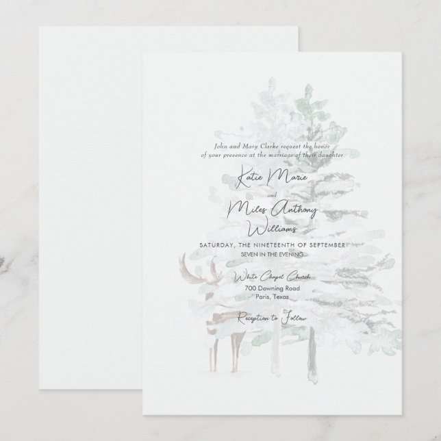 Modern Woodland Watercolor Trees & Deer Wedding  Invitation (Front/Back)