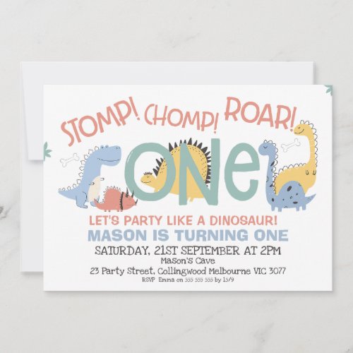 Modern Word Party Like a Dinosaur 1st Birthday Invitation