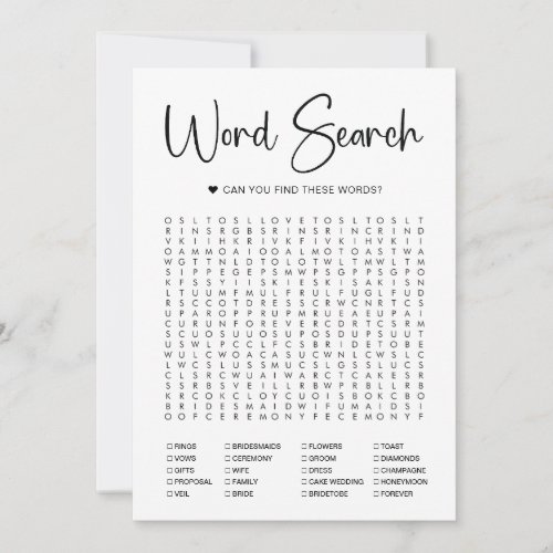 Modern Word Search Bridal Shower Game Card