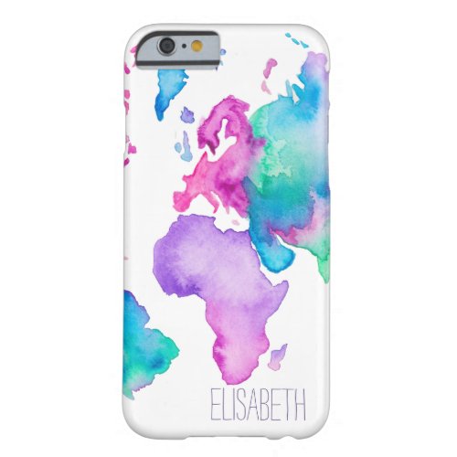 Modern world map globe bright watercolor monogram barely there iPhone 6 case