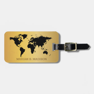 Modern World Map Metallic Gold Look Custome Name Luggage Tag
