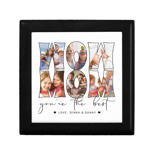 Modern Wow Mom Quote 6 Photo Collage White Gift Box (Front)