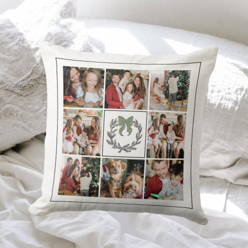 Modern Wreath 9 Family Photo Collage Christmas Throw Pillow