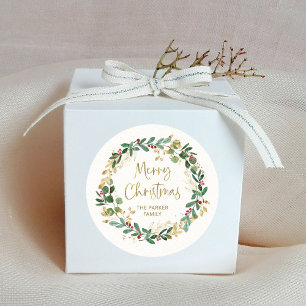 Modern Wreath and Gold Script   Merry Christmas Classic Round Sticker