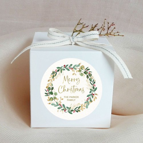 Modern Wreath and Gold Script  Merry Christmas Classic Round Sticker