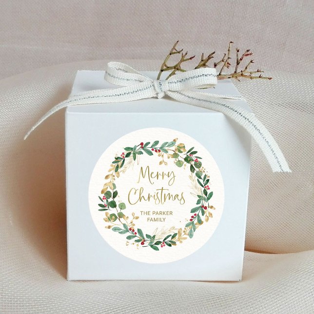 Modern Wreath and Gold Script | Merry Christmas Classic Round Sticker (A festive Christmas sticker with an elegant holiday wreath and gold script)