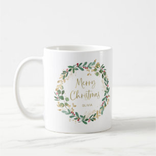 Modern Wreath and Gold Script Merry Christmas Coffee Mug