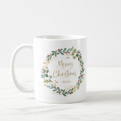 Modern Wreath and Gold Script  Merry Christmas Coffee Mug