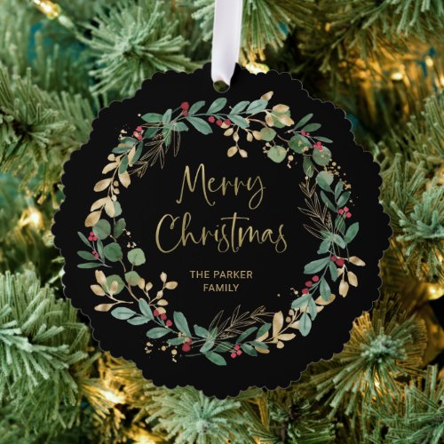 Modern Wreath and Gold Script  Merry Christmas Ornament Card