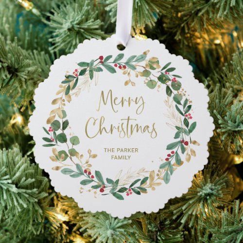 Modern Wreath and Gold Script  Merry Christmas Ornament Card