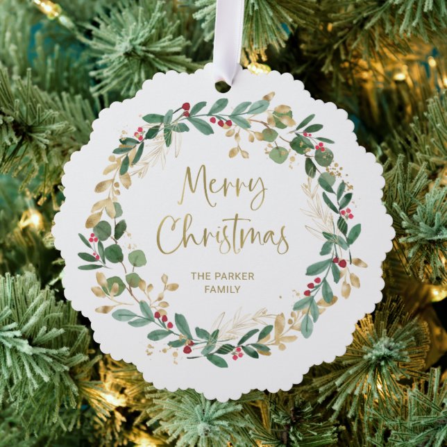 Modern Wreath and Gold Script | Merry Christmas Ornament Card (Insitu (Tree))