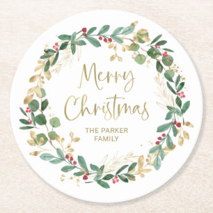 Modern Wreath and Gold Script   Merry Christmas Round Paper Coaster