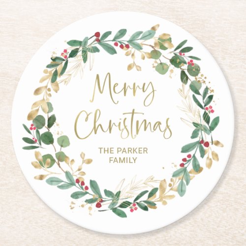 Modern Wreath and Gold Script  Merry Christmas Round Paper Coaster