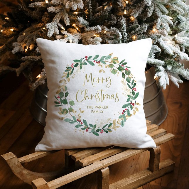 Modern Wreath and Gold Script | Merry Christmas Throw Pillow (An elegant Christmas pillow with a festive wreath and gold script)