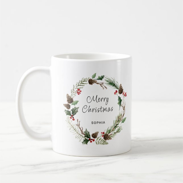 Modern Wreath and Merry Christmas Personalized  Coffee Mug (Left)